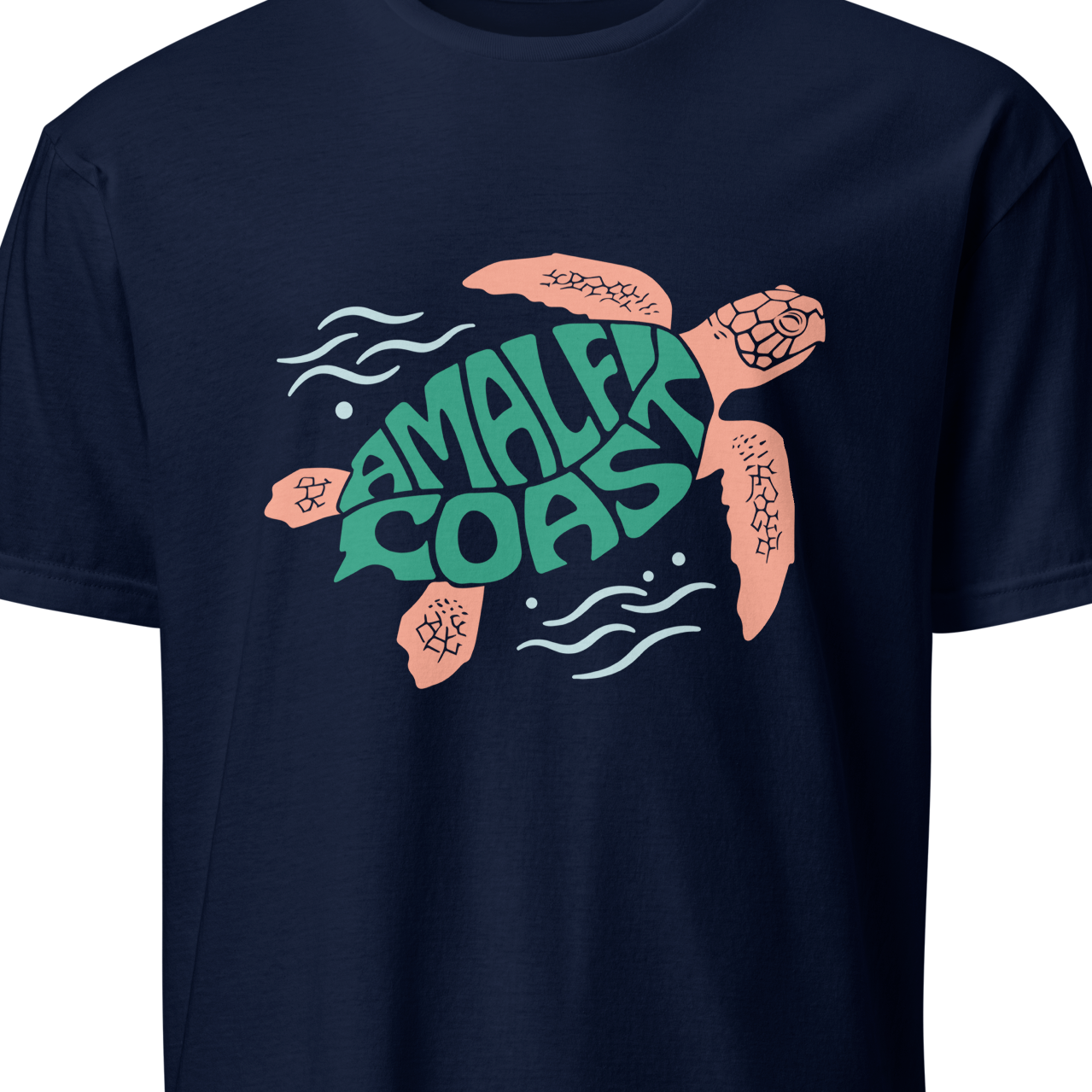 Navy blue t-shirt with a turtle graphic and 'Amalfi Coast' text