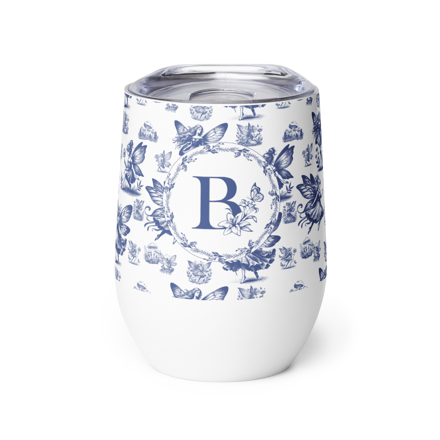 White tumbler with blue butterfly pattern and letter 'B' on a white background