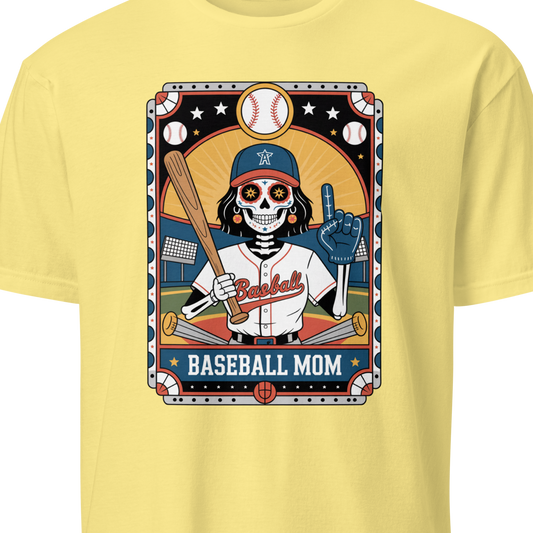 Yellow t-shirt with a graphic of a skeleton in a baseball uniform and 'Baseball Mom' text