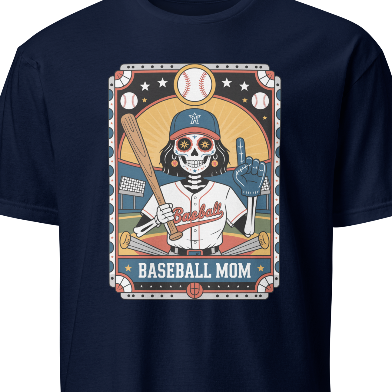 Navy blue t-shirt with a graphic of a skeleton playing baseball and 'Baseball Mom' text