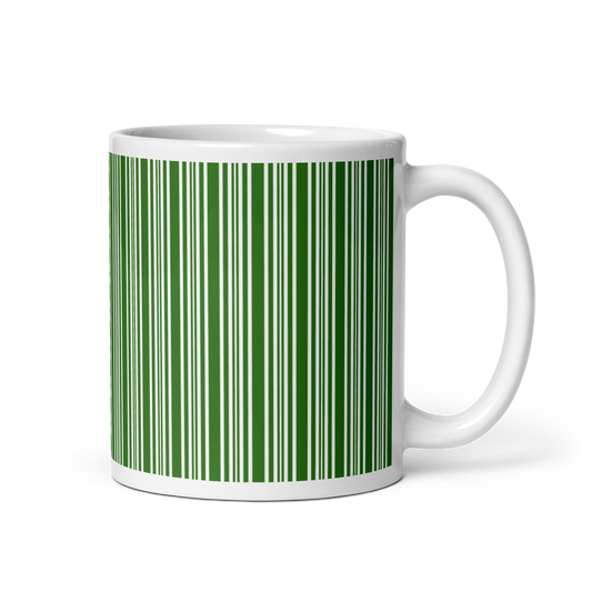 White mug with a green barcode design on a white background