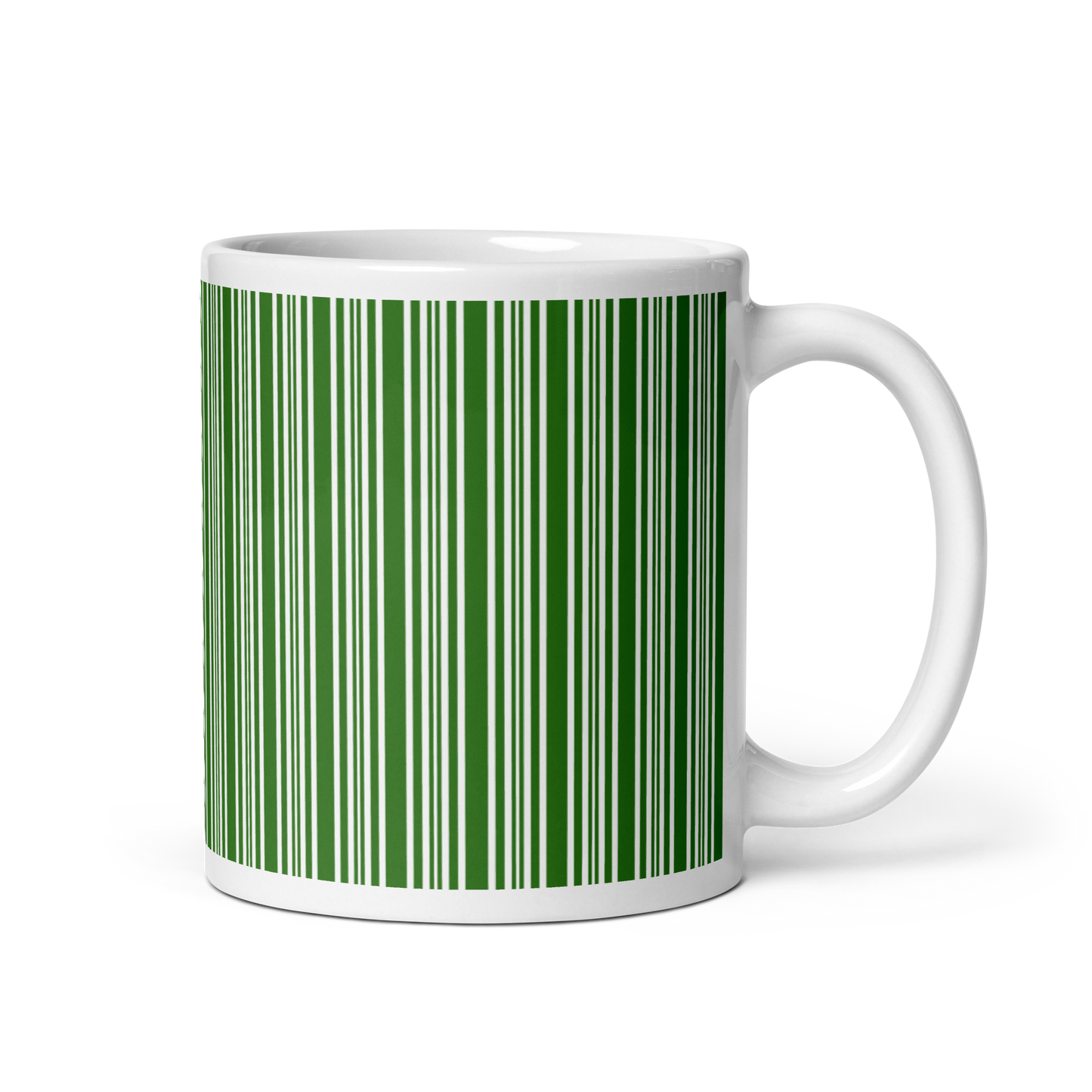 White mug with a green barcode design on a white background