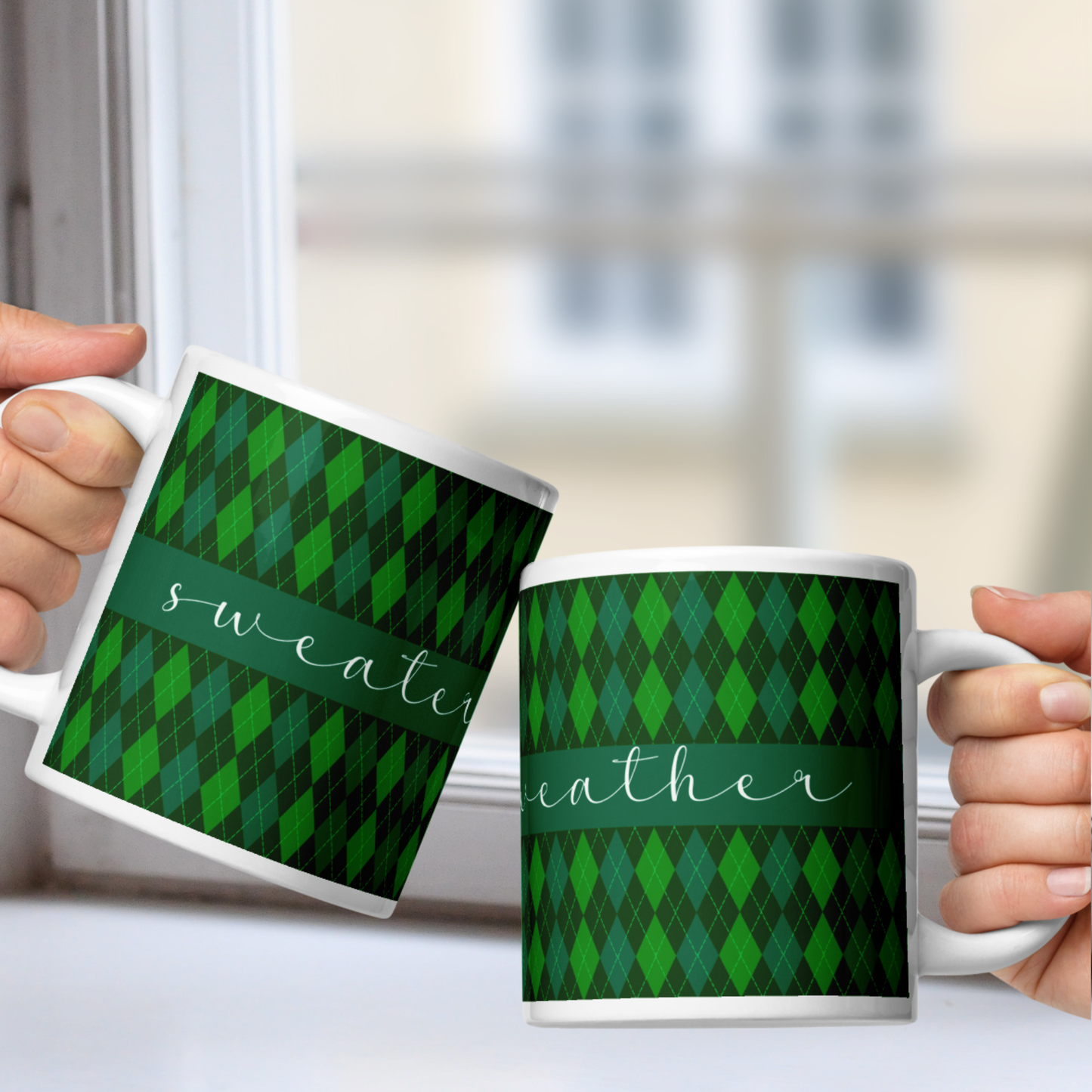 Sweater Weather White Mug - Green Argyle
