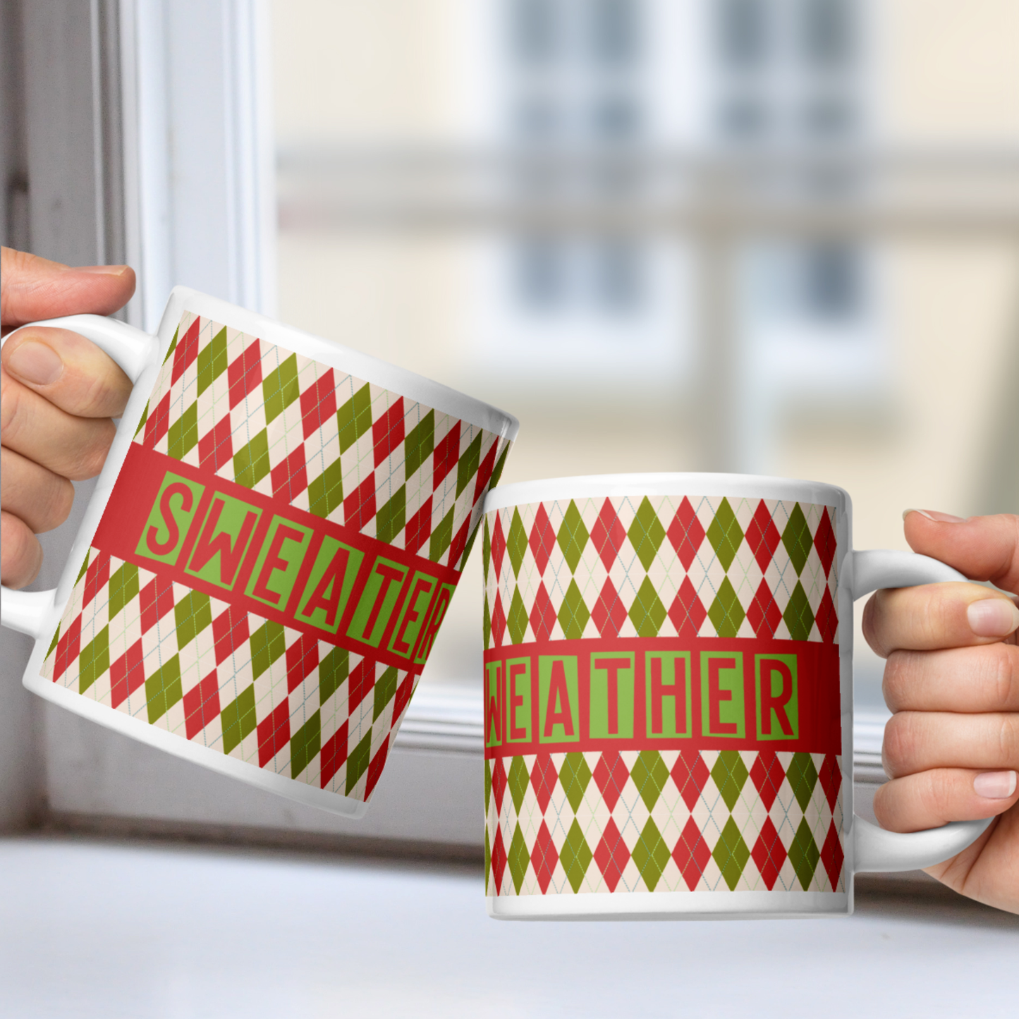 Sweater Weather White Mug - Red Green Argyle