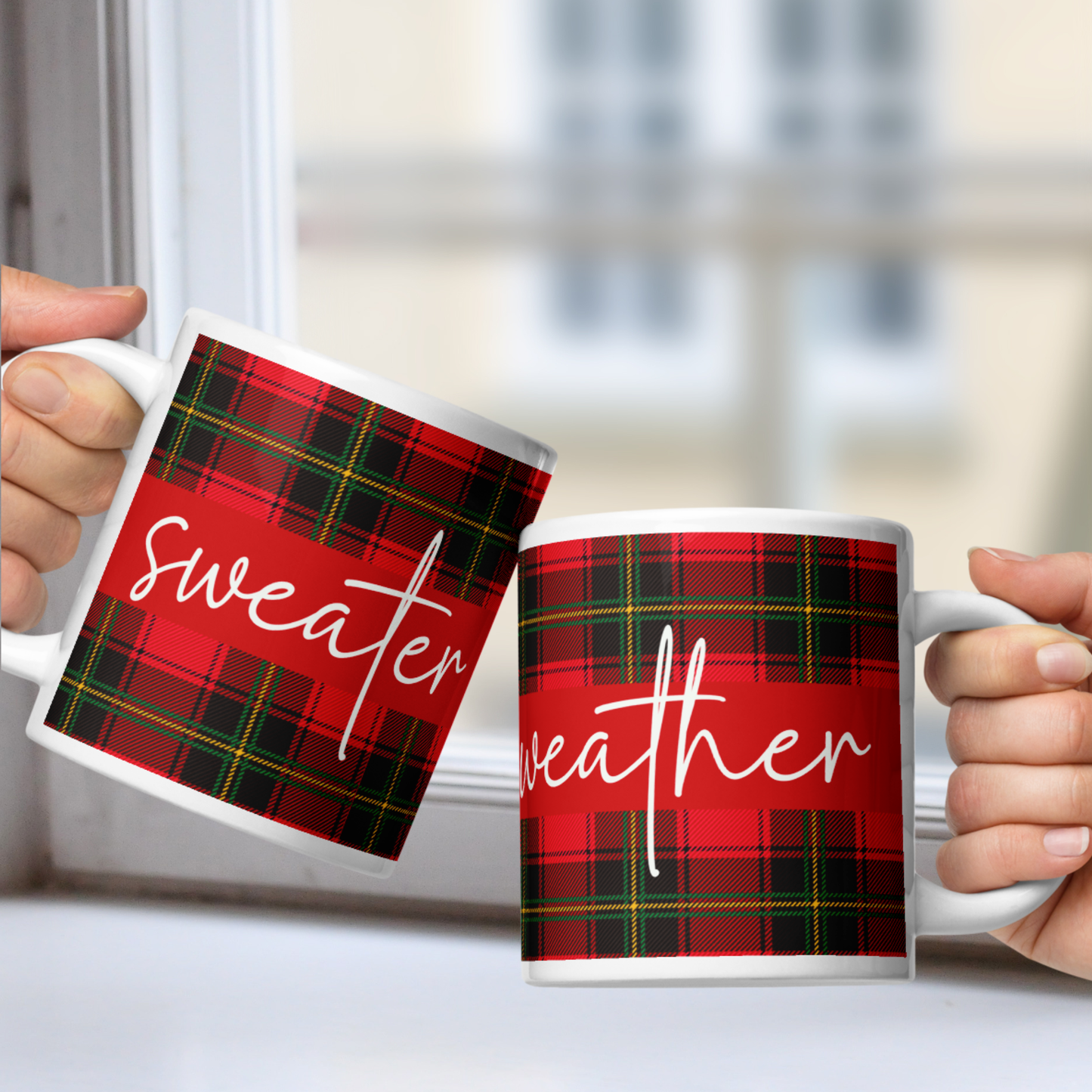 Sweater Weather White Mug - Red Plaid