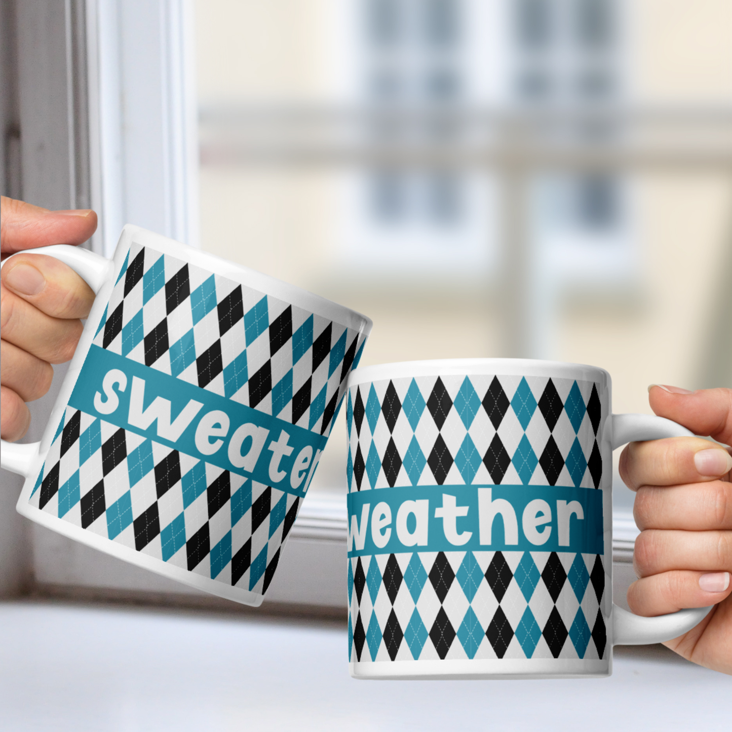 Sweater Weather White Mug - Blue Argyle