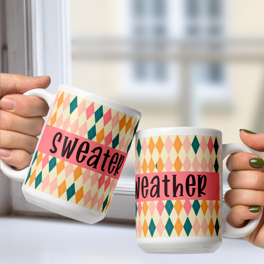 Sweater Weather White Mug - Pink Yellow Argyle