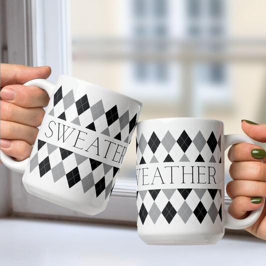 Sweater Weather White Mug - Grey Argyle