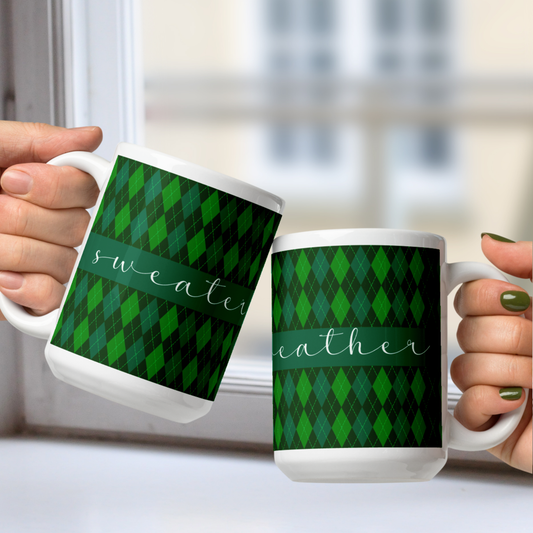Sweater Weather White Mug - Green Argyle