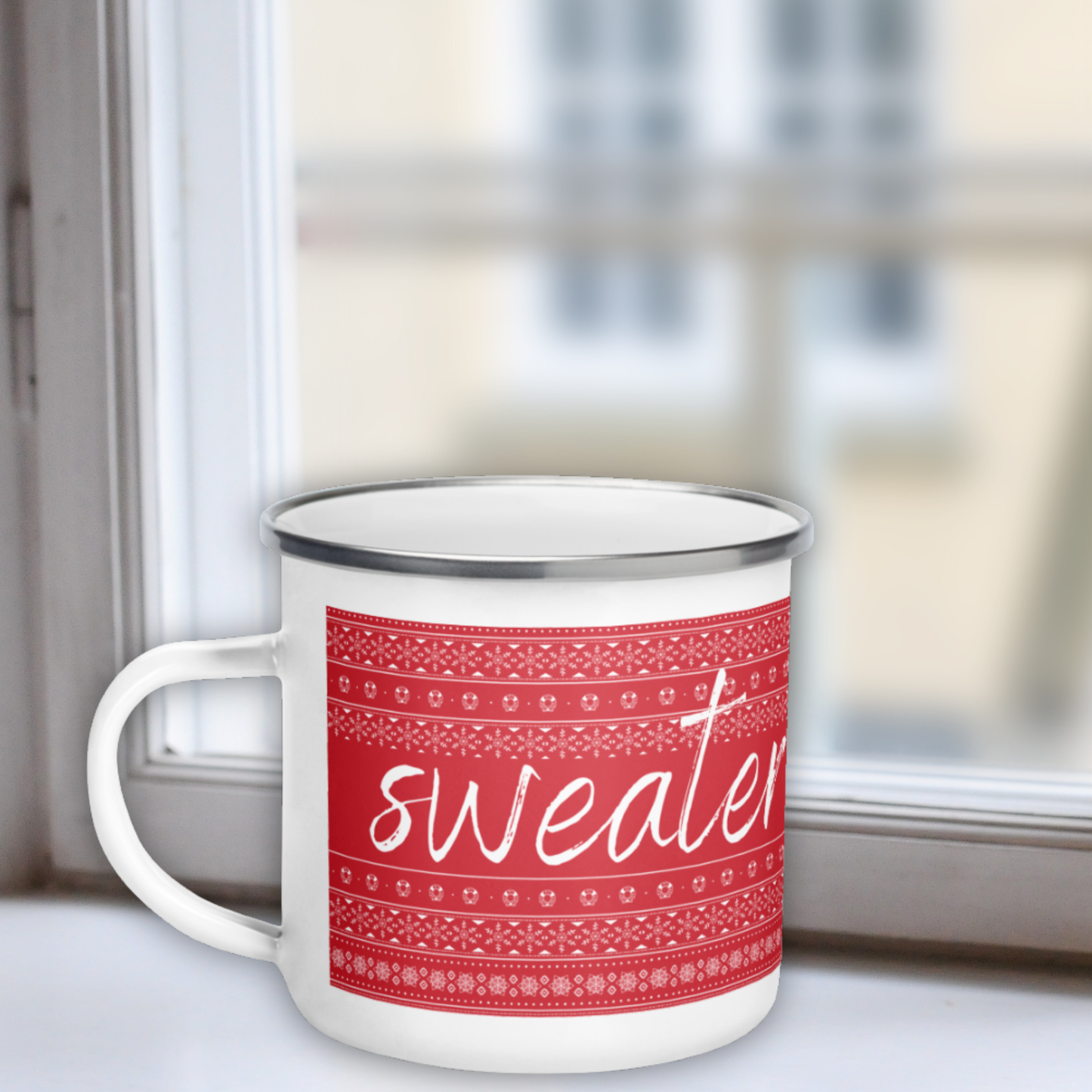 Sweater Weather Enamel Mug - Red White Knit
