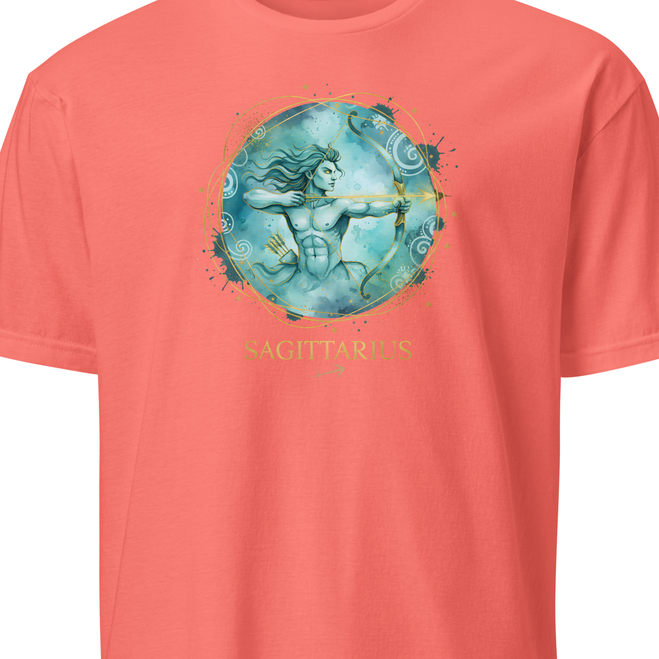 Coral t-shirt with a blue astrological design on a white background