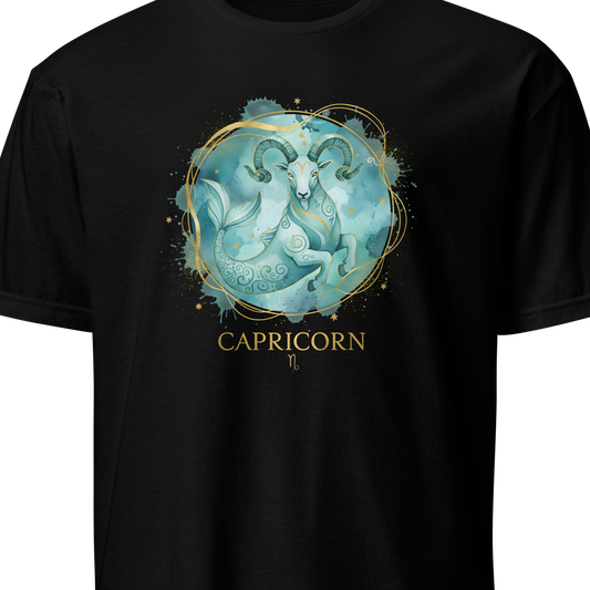 Black t-shirt with Capricorn zodiac design on a white background