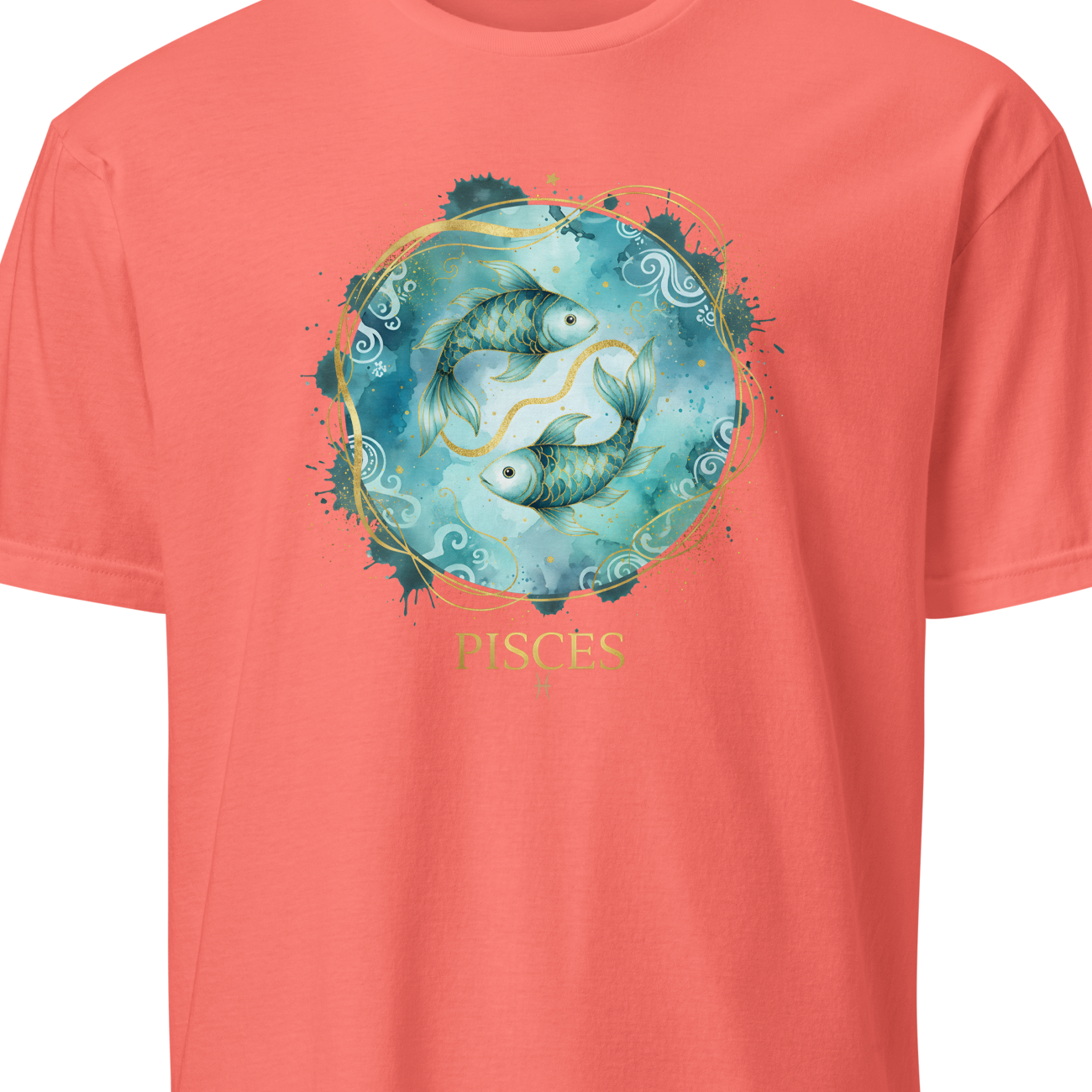 Coral t-shirt with Pisces zodiac design on a white background