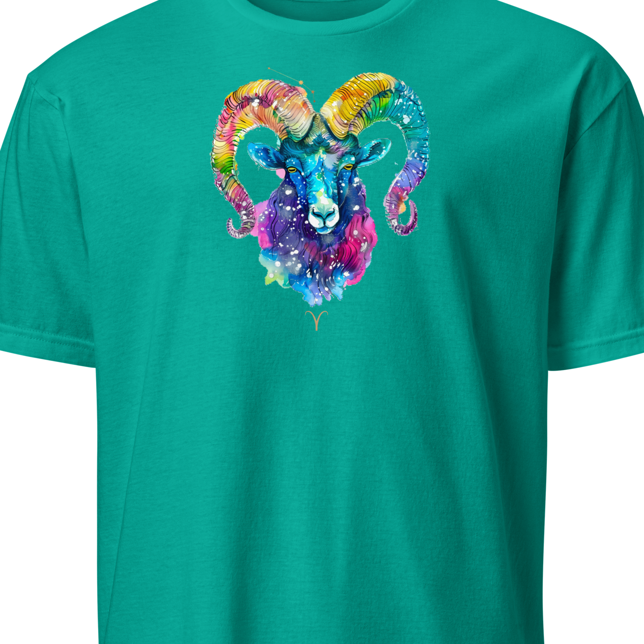 Teal t-shirt with a colorful ram head design