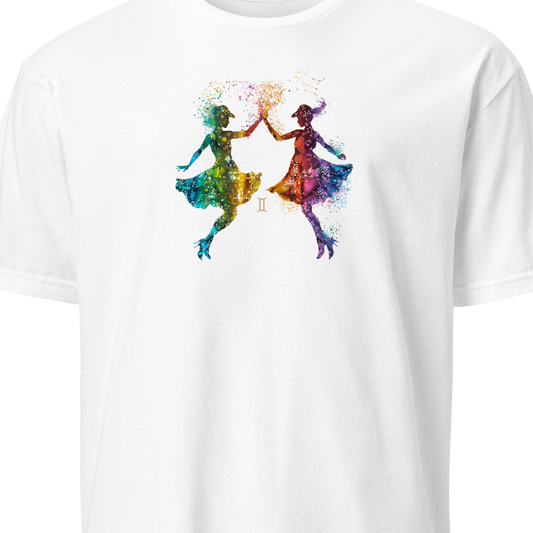White t-shirt with colorful graphic of two people dancing