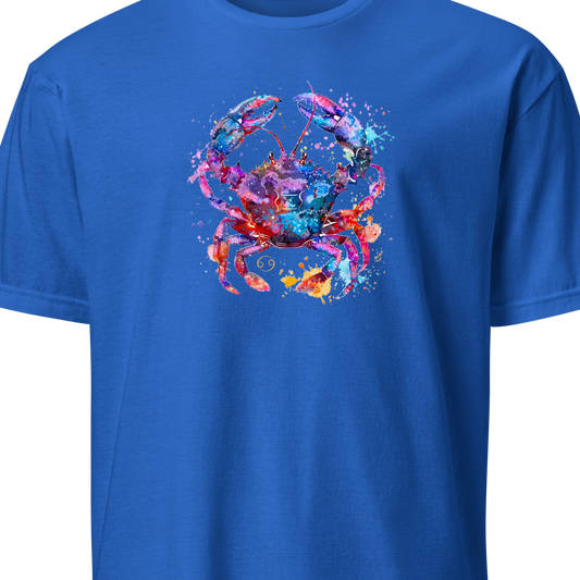 Blue t-shirt with a colorful graphic design on a white background