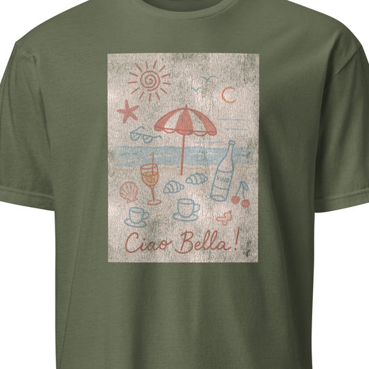 Green t-shirt with beach-themed graphic and 'Ciao Bella!' text