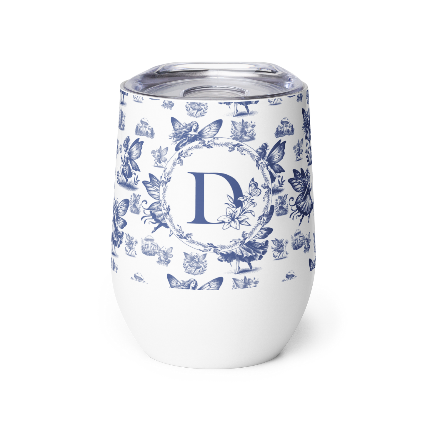 White tumbler with blue floral pattern and letter 'D' on a white background