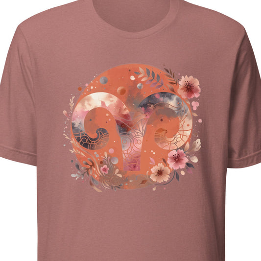 Mauve t-shirt with floral and abstract design