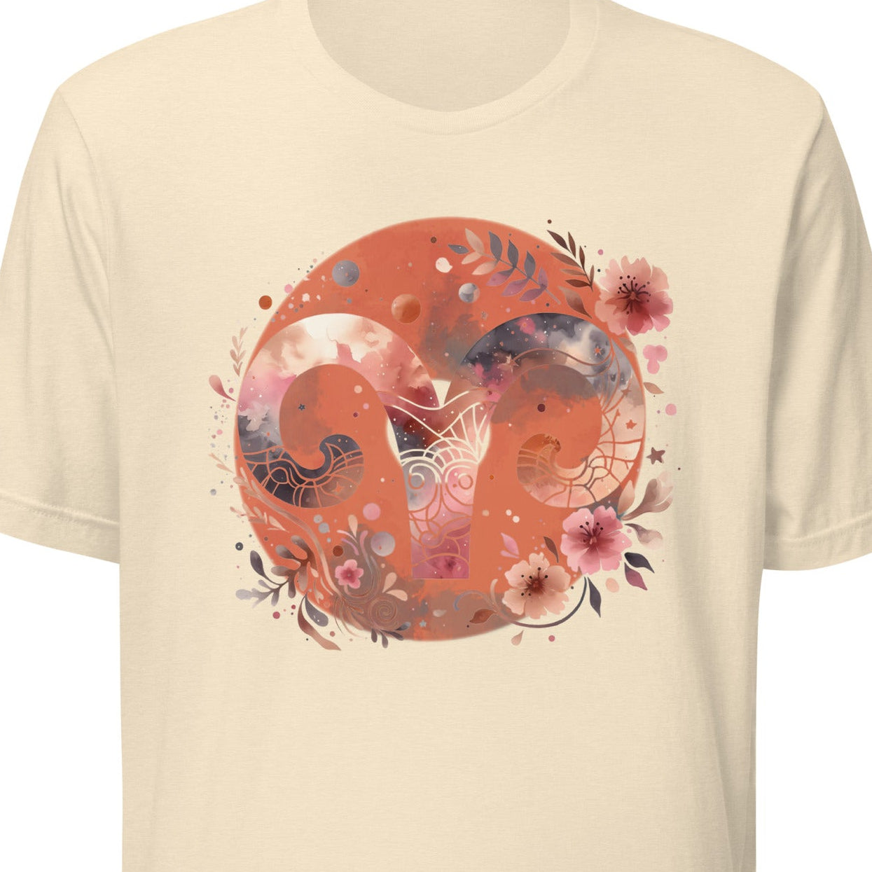 Beige t-shirt with a floral and abstract design