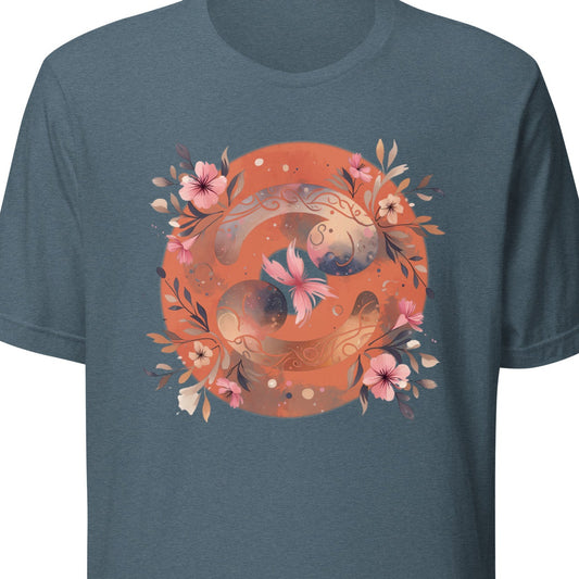 Blue t-shirt with a floral and animal design on a white background