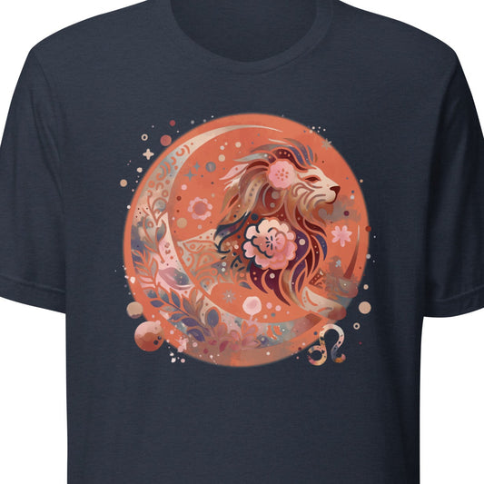 Navy blue t-shirt with a colorful graphic design of a lion and floral elements