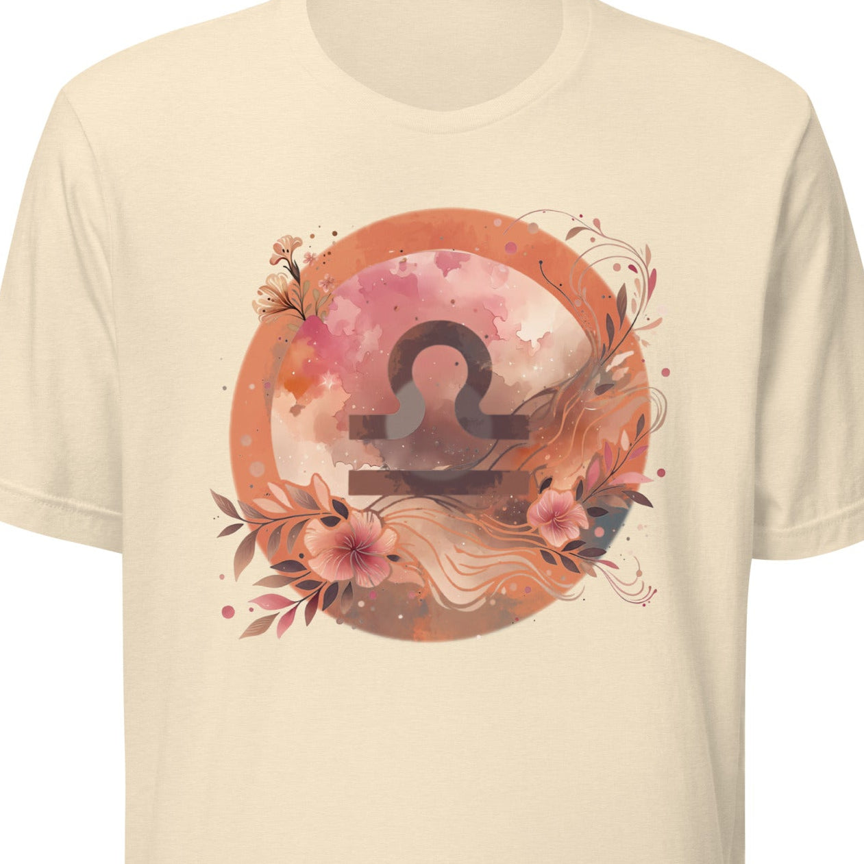 Beige t-shirt with a floral zodiac symbol design
