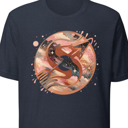 Navy blue t-shirt with a colorful graphic design of an arrow and abstract elements