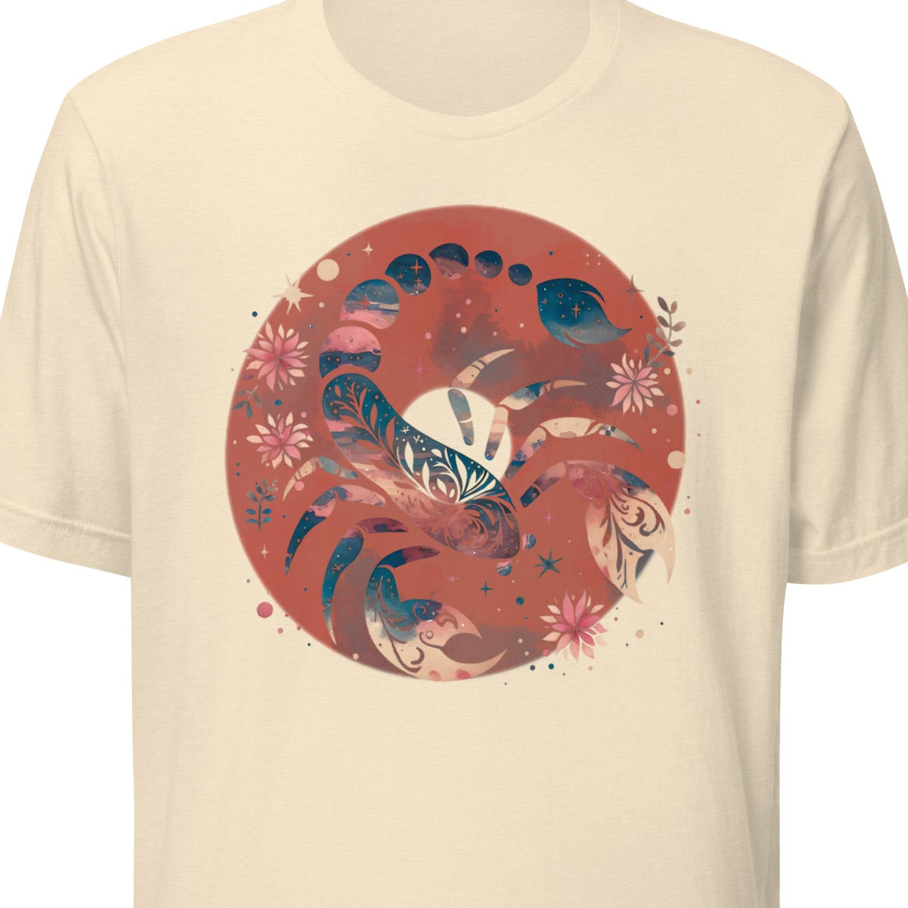 Beige t-shirt with a circular design featuring a scorpion and flowers