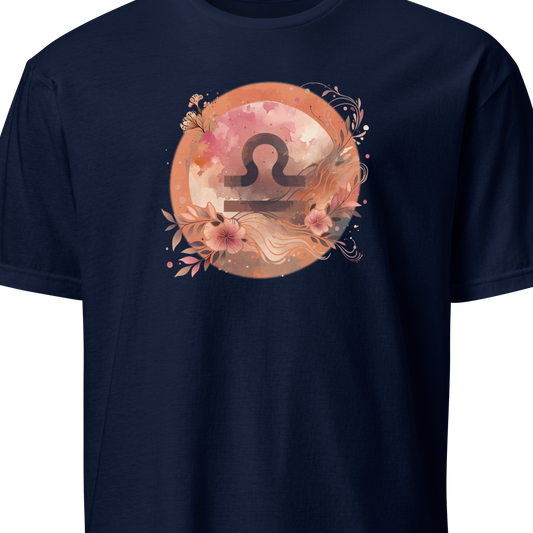 Navy blue t-shirt with a floral zodiac symbol design on a white background