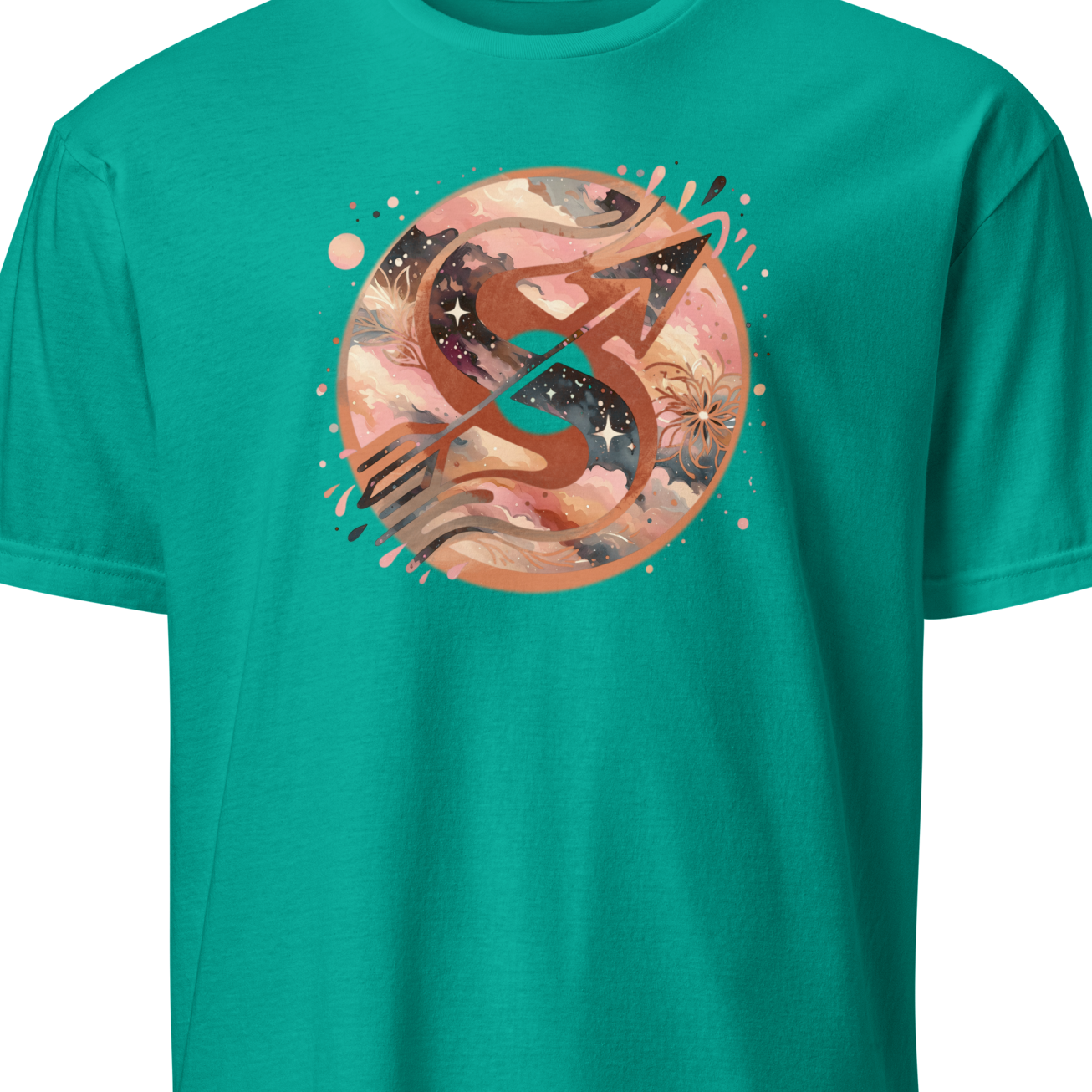 Teal t-shirt with a circular graphic design on a white background