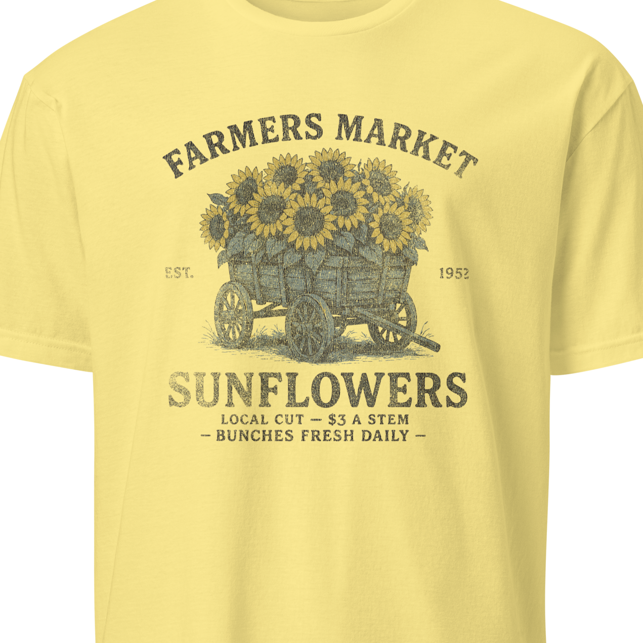 Yellow t-shirt with sunflower graphic and text