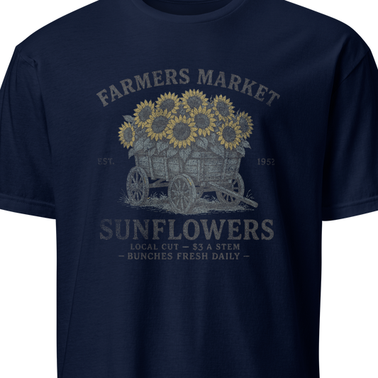 Navy blue t-shirt with sunflower design and text