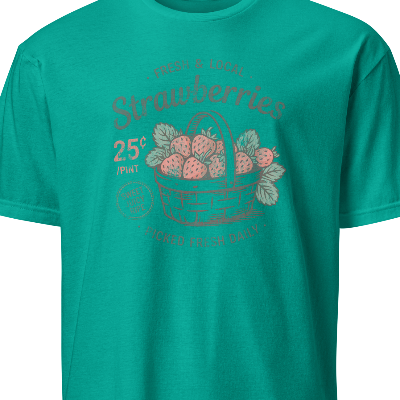 Teal t-shirt with strawberry graphic and text on a white background