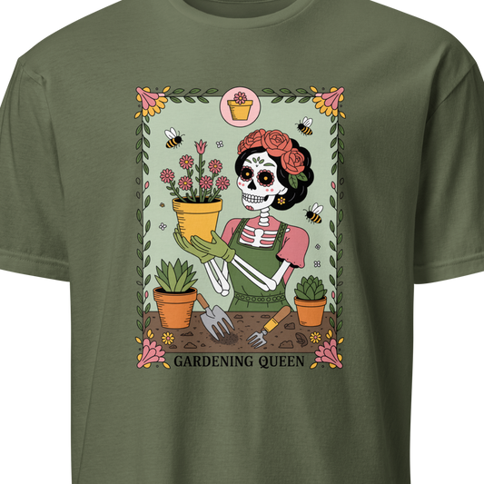 Green t-shirt with a skeleton gardening design