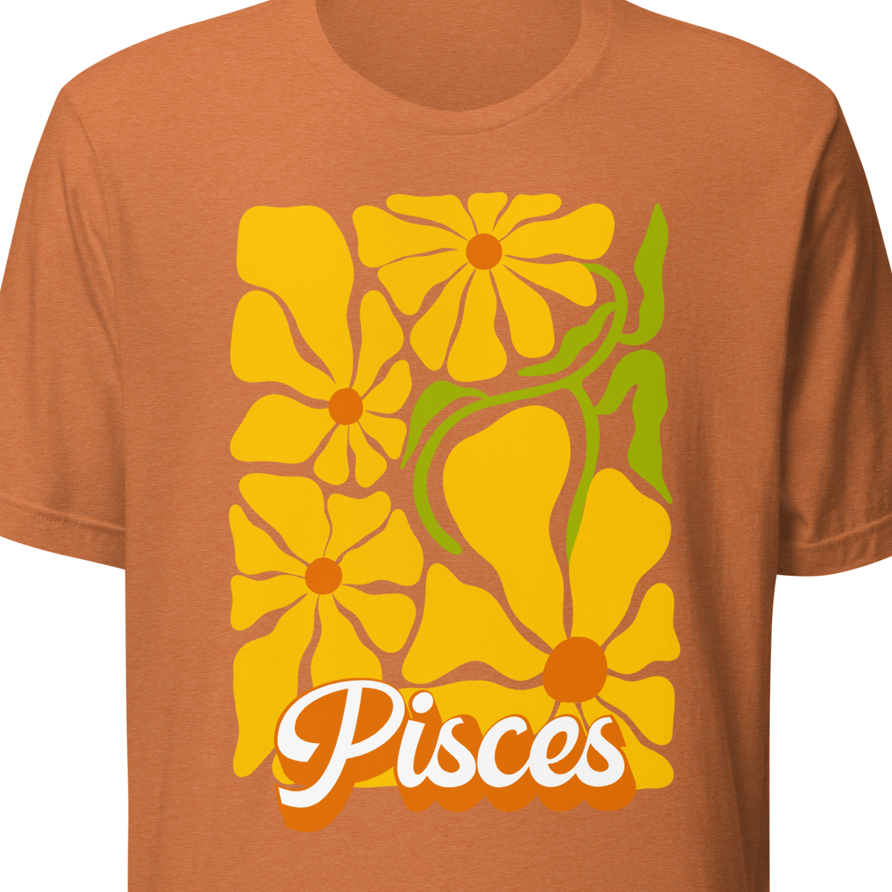 Autumn t-shirt with yellow floral design and 'Pisces' text