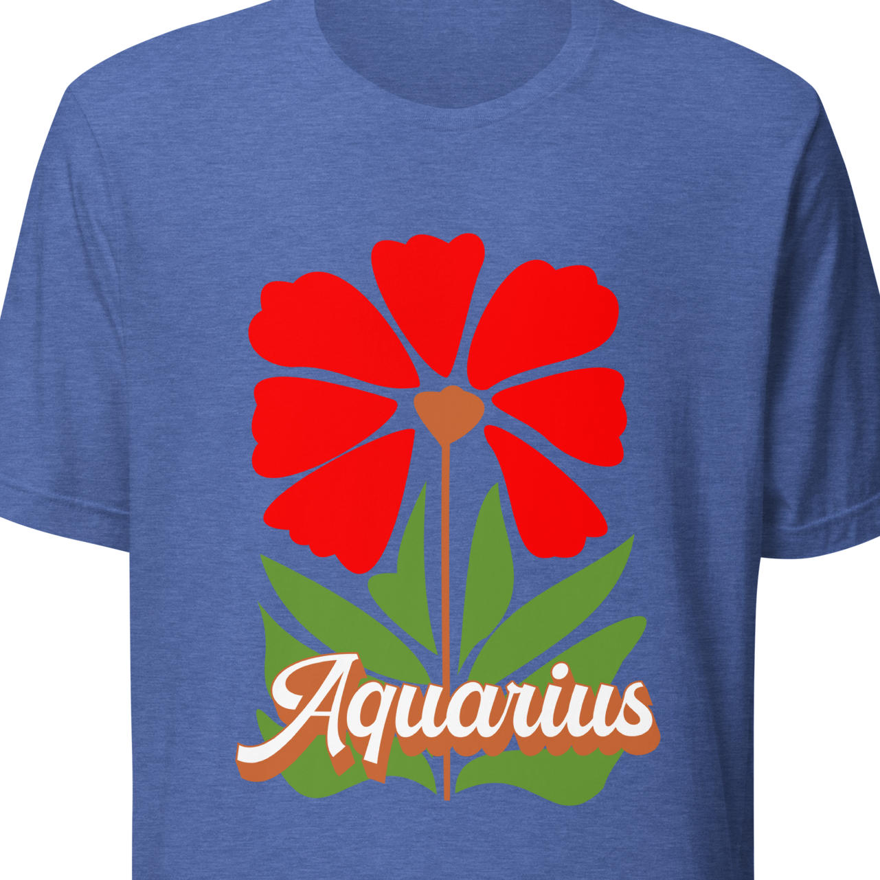 Blue t-shirt with a red flower and 'Aquarius' text