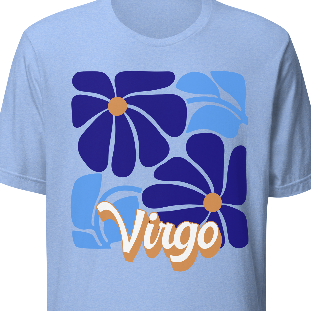 Light blue t-shirt with floral design and 'Virgo' text