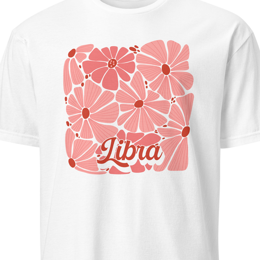 White t-shirt with pink floral design and 'Libra' text on a white background