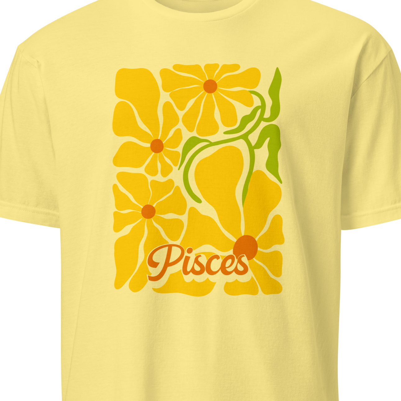 Yellow t-shirt with a graphic design of a zodiac sign on a white background