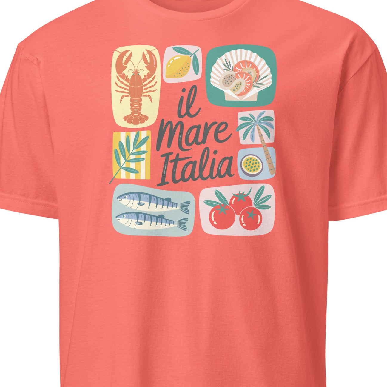 Coral t-shirt with Italian-themed graphics on a white background