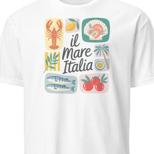 White t-shirt with colorful graphics and text 'il Mare Italia' on a white background