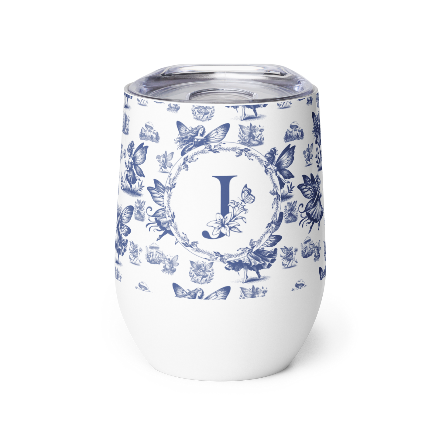 White tumbler with blue floral pattern and letter 'J' on a white background