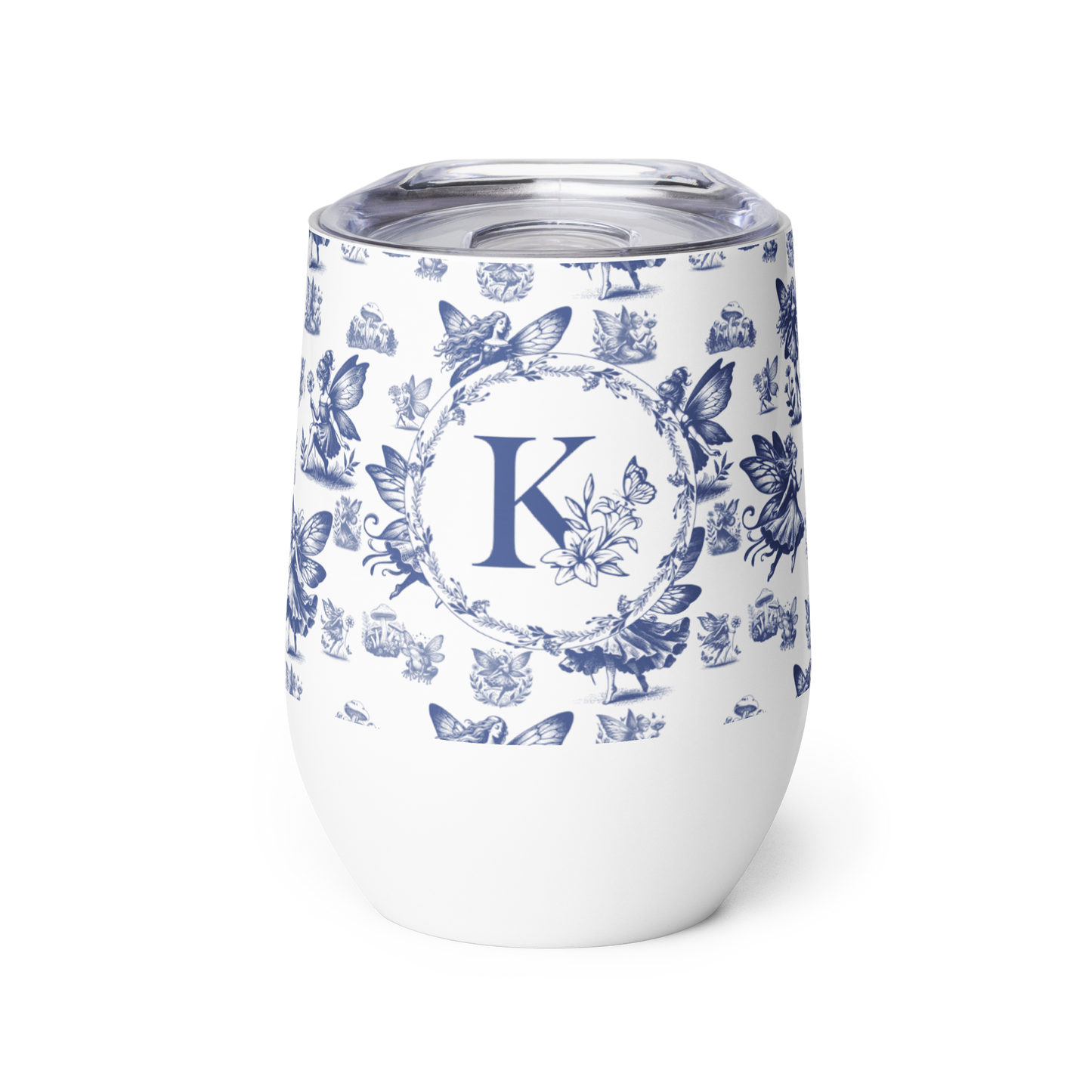 White tumbler with blue floral pattern and letter 'K' on a white background