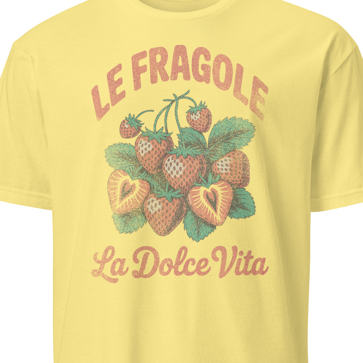 Yellow t-shirt with strawberry graphic and text