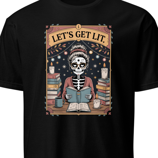 Black t-shirt with a skeleton reading a book design and 'Let's Get Lit' text