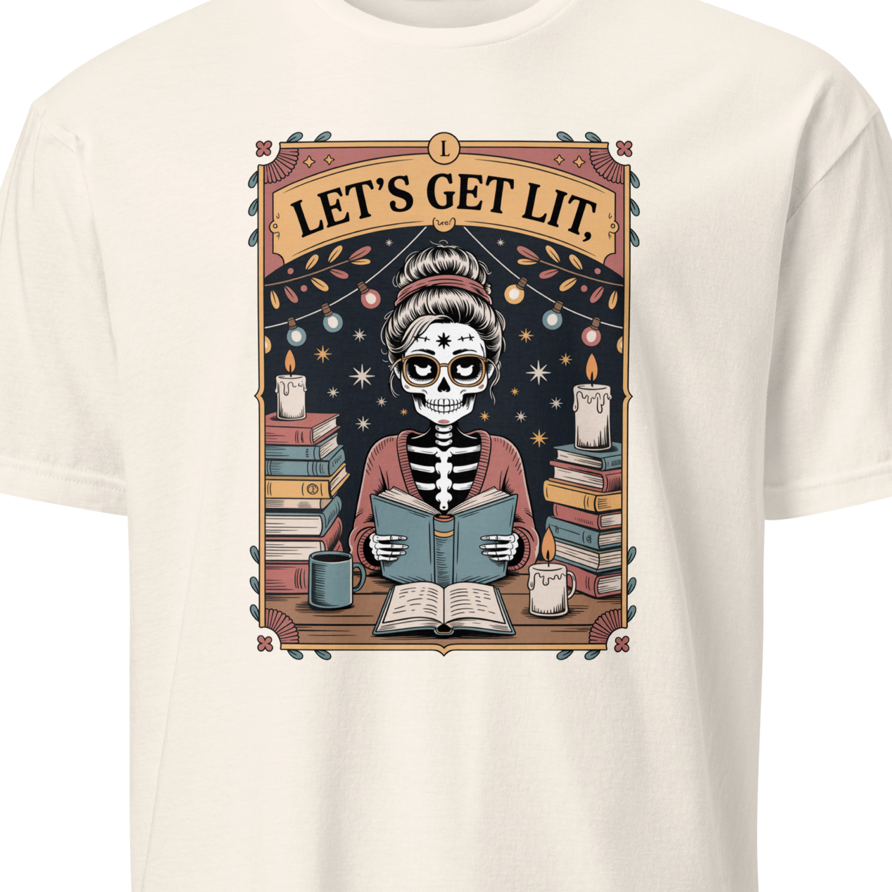 T-shirt with a skeleton reading a book design and 'Let's Get Lit' text