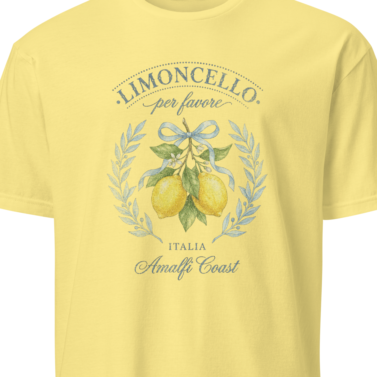 Yellow t-shirt with limoncello graphic and text