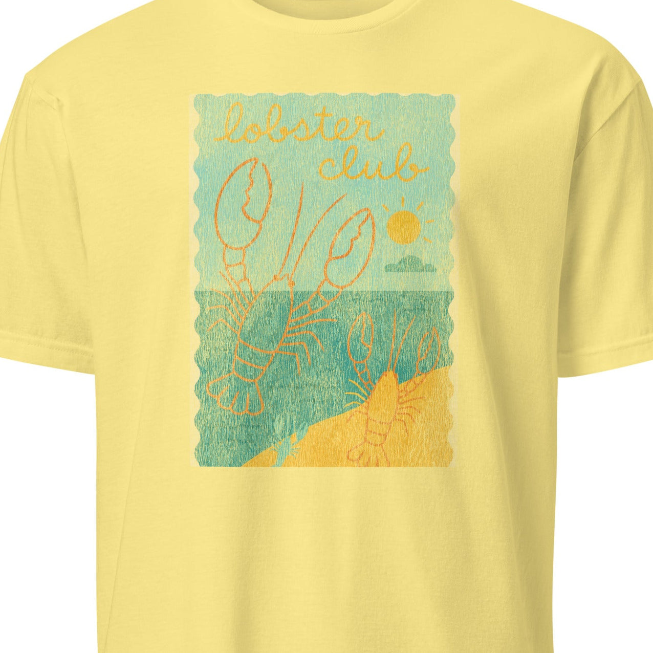 Yellow t-shirt with a graphic design of a lobster and coral