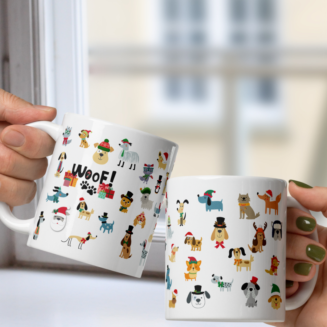 Two mugs with dog illustrations and 'WOOF!' text held by hands.